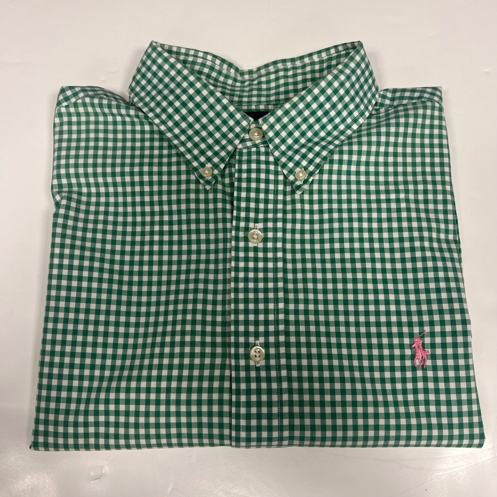 Ralph Lauren Green Gingham Check S/S Button Down Shirt‎ Pink Pony XL *READ
